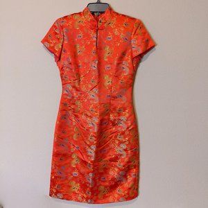 Vintage David Warren Women 4P Red Floral Chinese Traditional Dress Short Sleeve